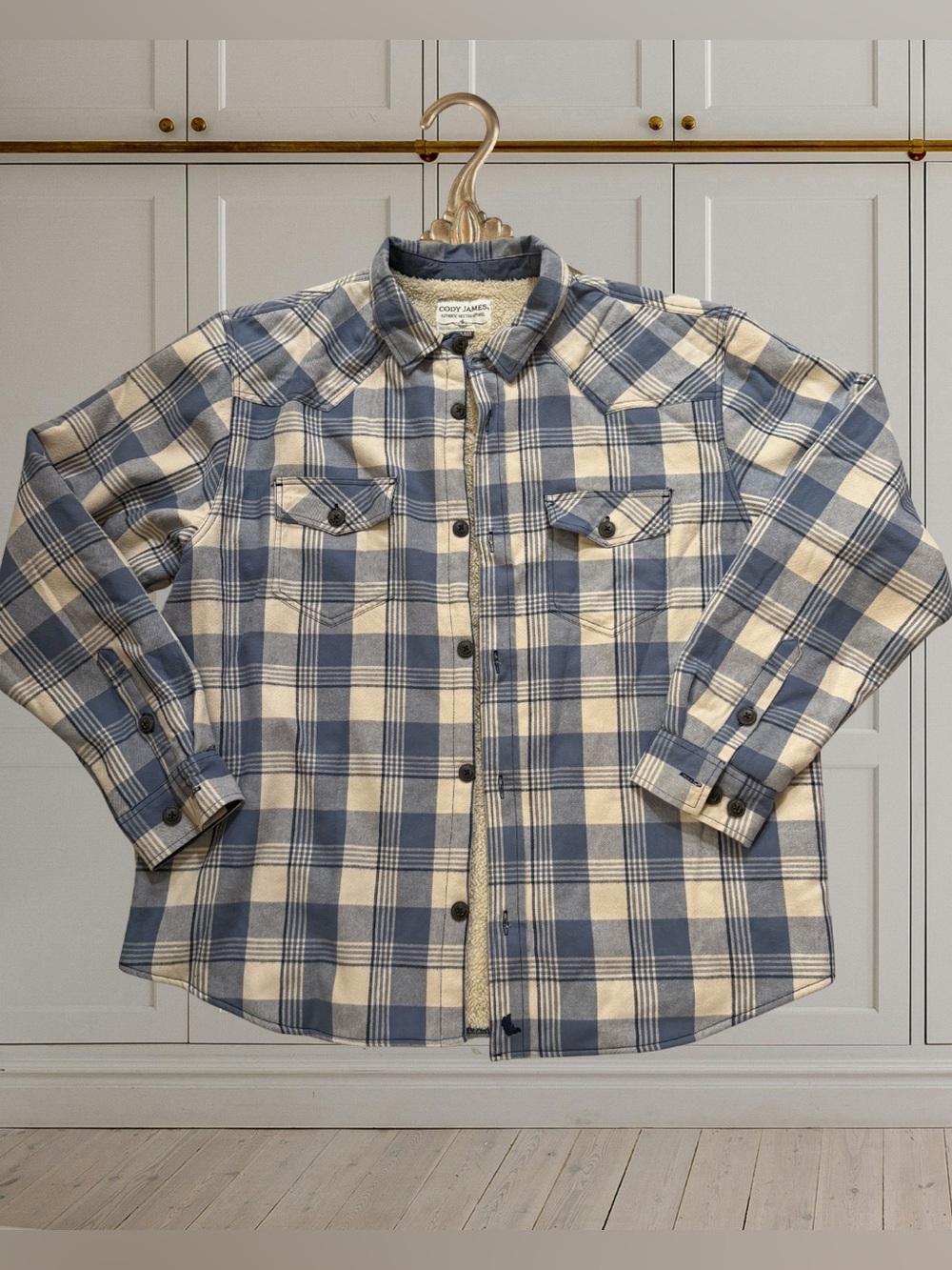 Cody James Sherpa-Lined Plaid Shacket in Blue & Cream